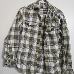 Vtg J Crew Flannel Button Down Plaid Long Sleeve Shirt Green White Cotton sz XS